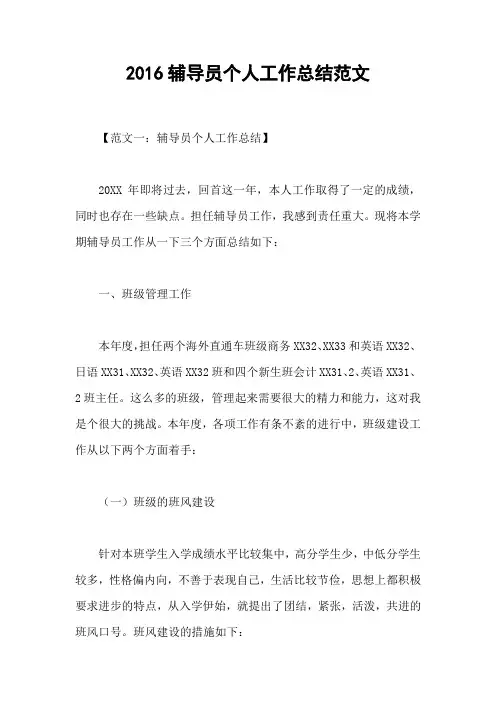 2016辅导员个人工作总结范文