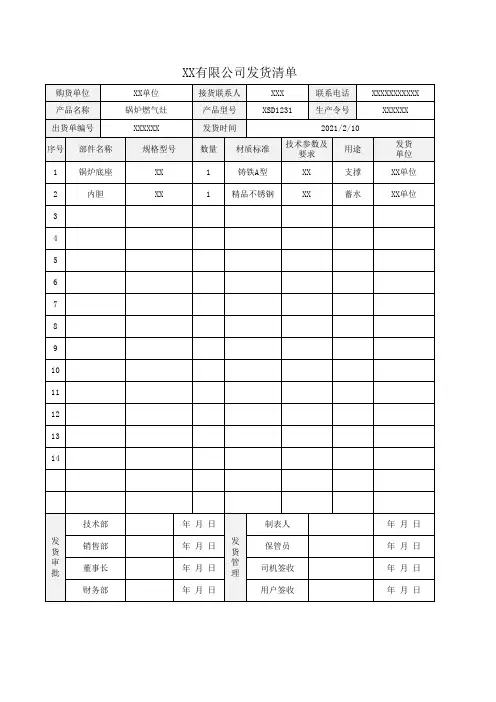 XX有限公司发货清单Excel模板