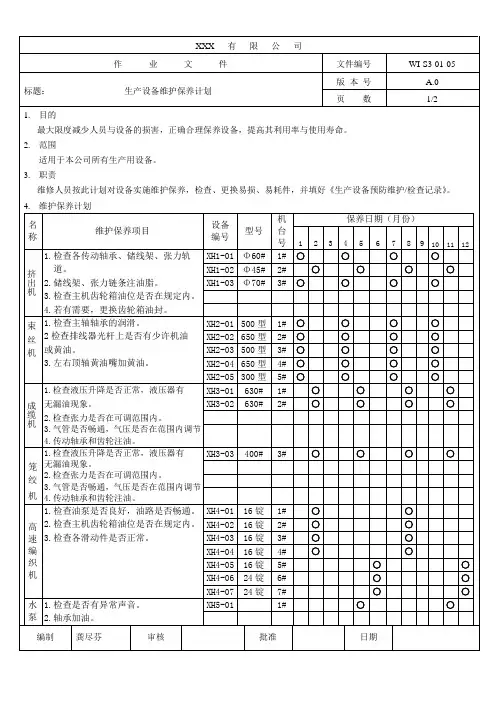 生产设备维护保养计划