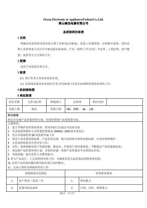 品质部各岗位的职责