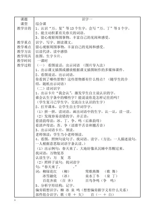 2016新课标人教版小学一年级下册语文全册教案全集