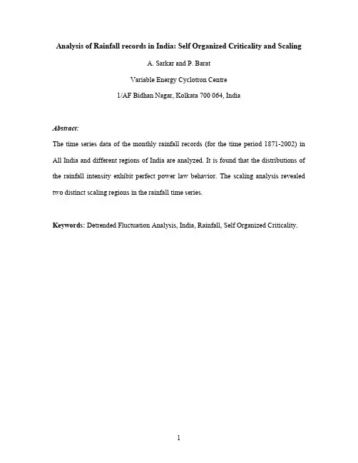 Analysis of Rainfall records in India Self Organized Criticality and Scaling