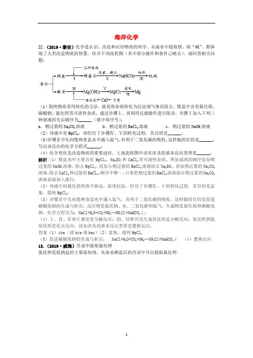 山东省2019年中考化学试题汇编 海洋化学(含解析)