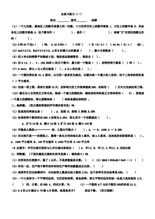 小学六年级数学下册总复习的数学题和答案