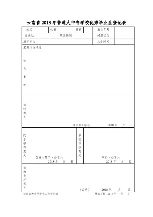 云南2018年普通大中专学校优秀毕业生登记表