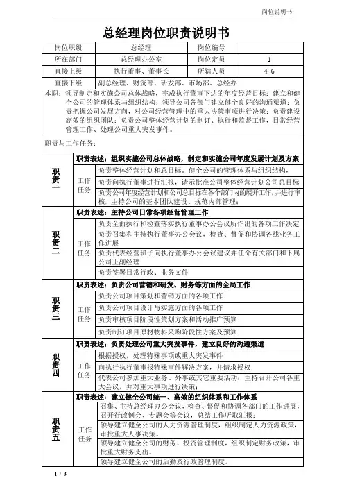 总经理岗位职责说明书