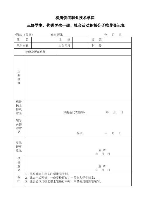 三好学生、优秀学生干部、社会活动积极分子推荐登记表