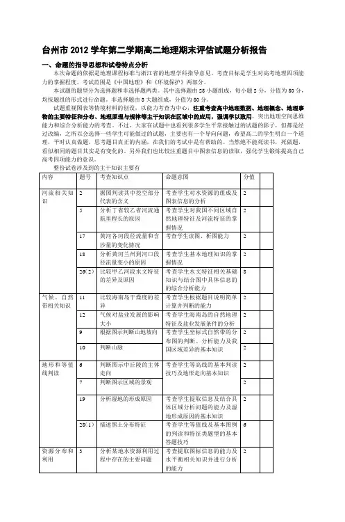 台州市2012学年第二学期高二地理期末评估试题分析报告