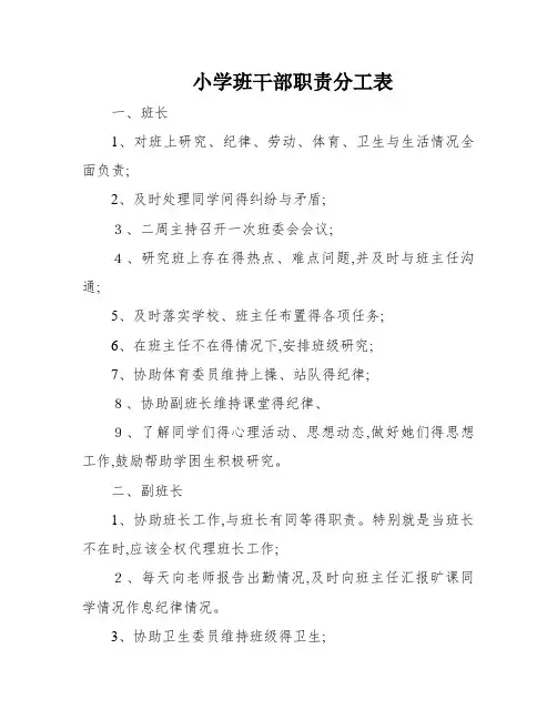 小学班干部职责分工表