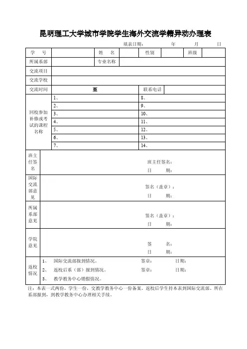 昆明理工大学城市学院海外交流学籍异动表+学分认定申请表