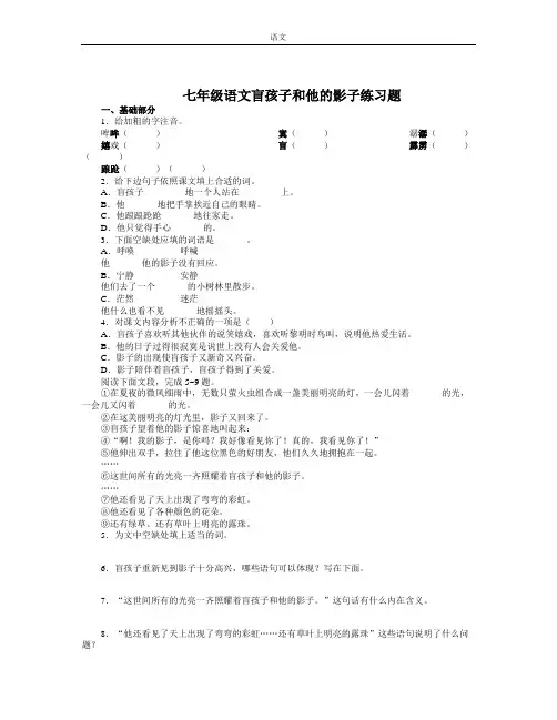 人教版语文七年级上册第29课《盲孩子和他的影子》word练习题含答案解析