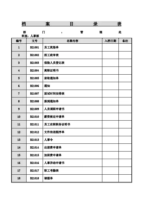 档案目录表 表格模板 格式 
