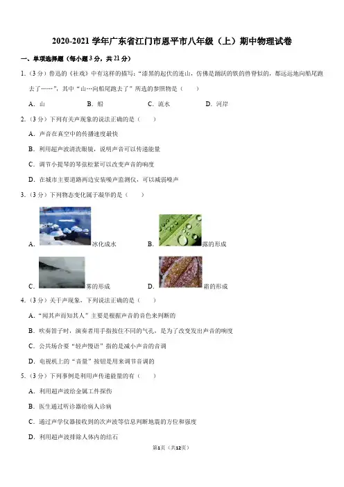2020-2021学年广东省江门市恩平市八年级(上)期中物理试卷(Word+答案)