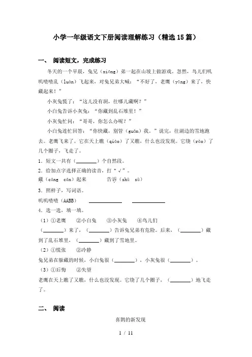 小学一年级语文下册阅读理解练习(精选15篇)