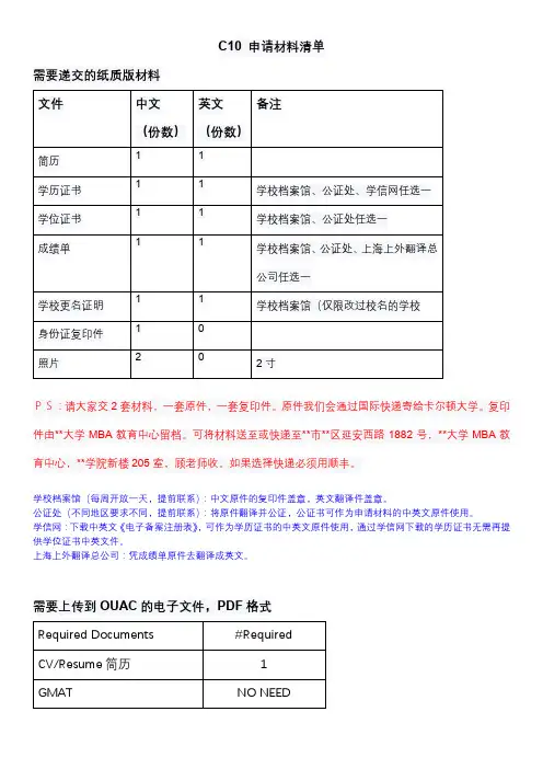 C10申请材料清单【模板】