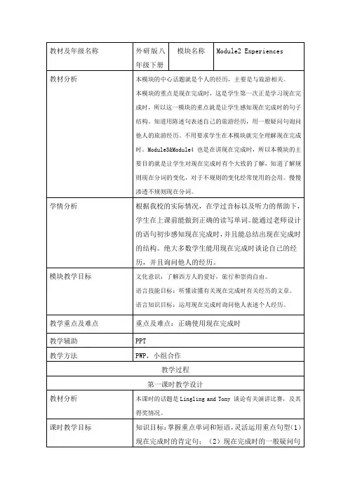 外研版八年级英语下册Module2 Unit1教学设计