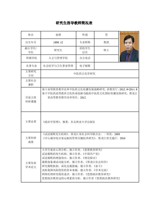 黑龙江中医药大学 硕士研究生导师简介 袁纲