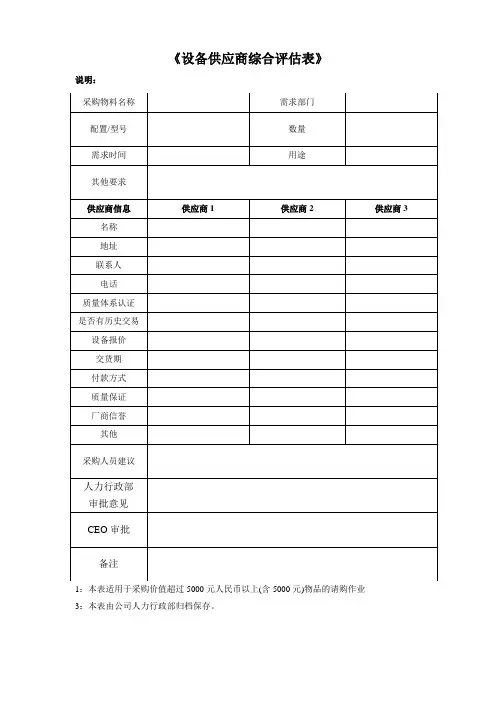 设备供应商综合评估表