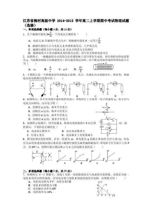 江苏省梅村高级中学2014-2015学年高二上学期期中考试物理试题(选修)