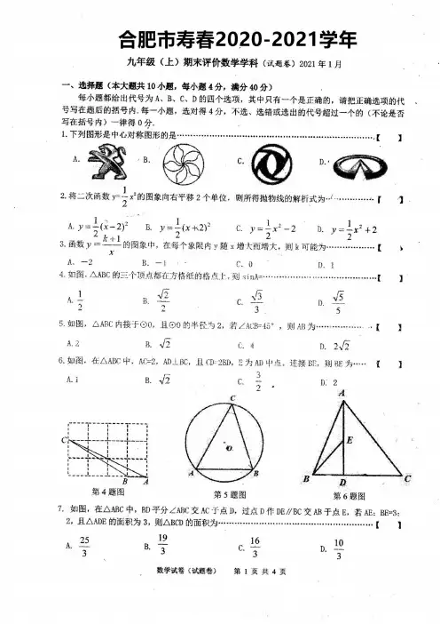 安徽省合肥市寿春中学2020-2021学年第一学期九年级数学期末考试 (1)