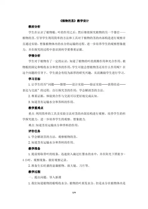 青岛版(六三制)小学四年级科学上册《植物的茎》教学设计