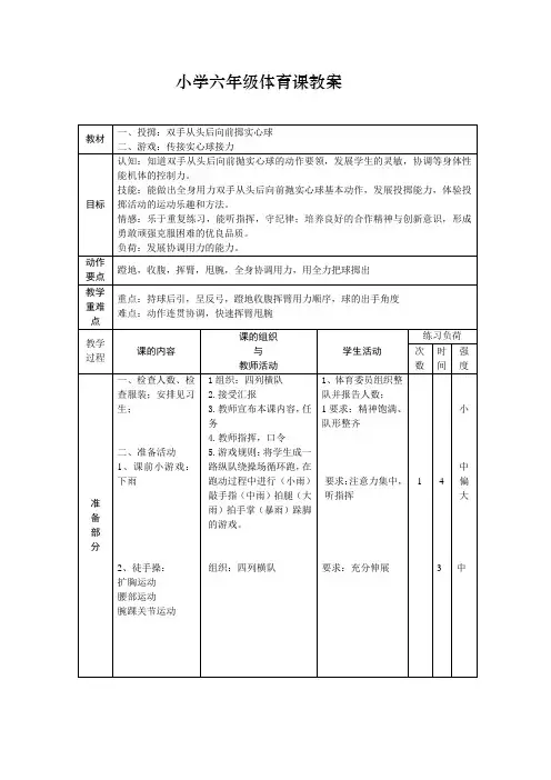 新人教版五至六年级体育下册《投掷：双手从头后向前掷实心球》公开课教案_3