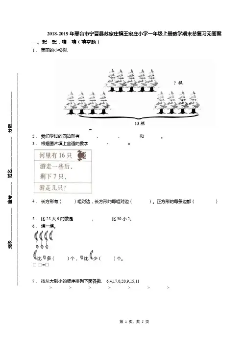 2018-2019年邢台市宁晋县苏家庄镇王家庄小学一年级上册数学期末总复习无答案