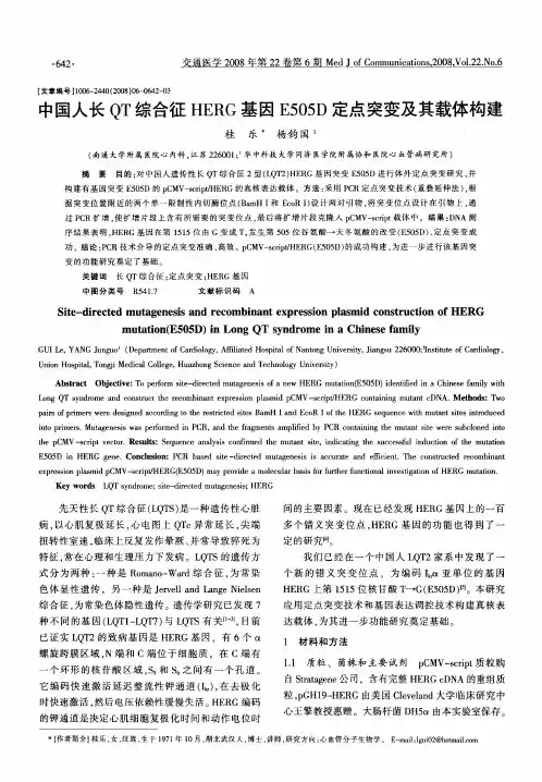 中国人长QT综合征HERG基因E505D定点突变及其载体构建