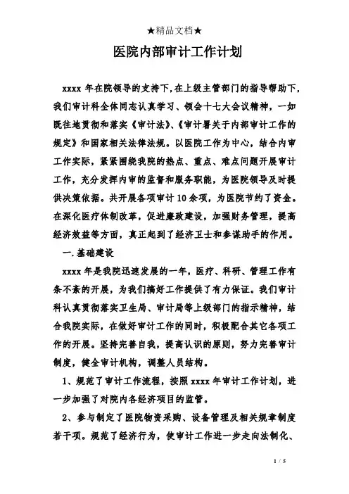 医院内部审计工作计划