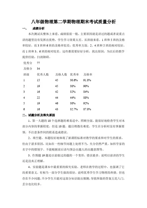 八年级物理第二学期期中考试质量分析