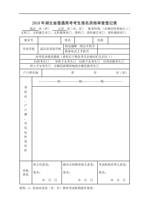 2018年湖北省普通高考考生报名资格审查登记表