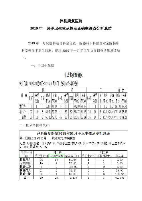 2019年一月手卫生依从性及正确率调查分析总结