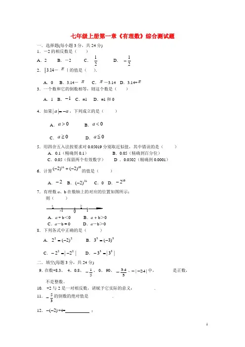 七年级数学上册 1章《有理数》综合测试题 新人教版
