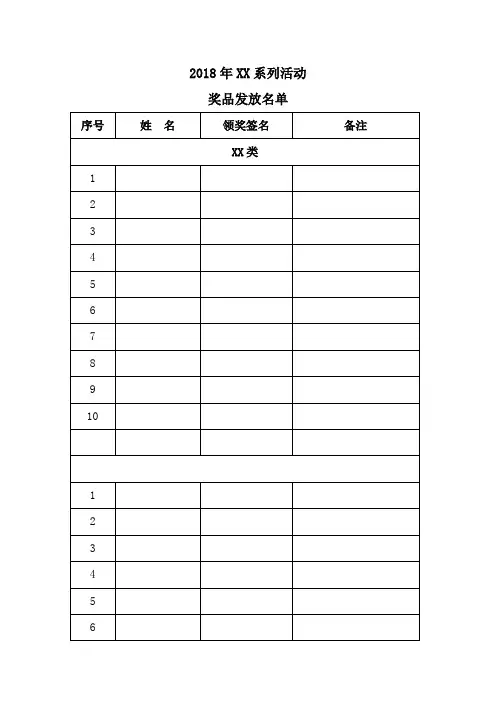 物品、奖金发放领取表