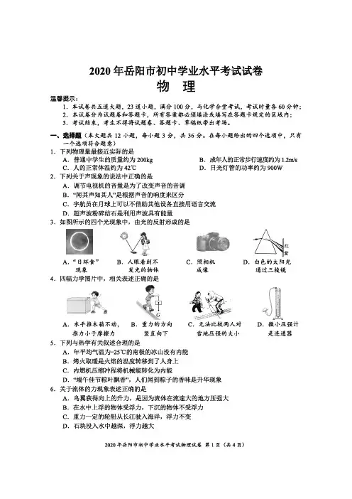 2020年岳阳市初中学业水平考试试卷 物理
