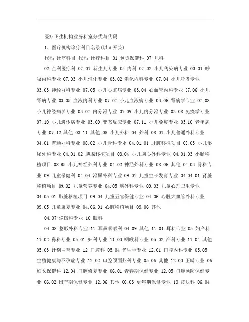 医疗卫生机构业务科室分类与代码