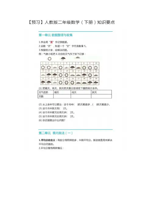 【预习】人教版二年级数学(下册)知识要点