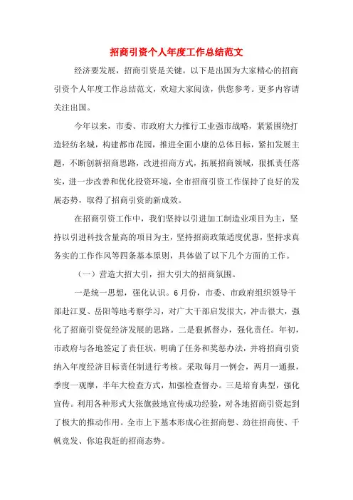 2019年招商引资个人年度工作总结范文