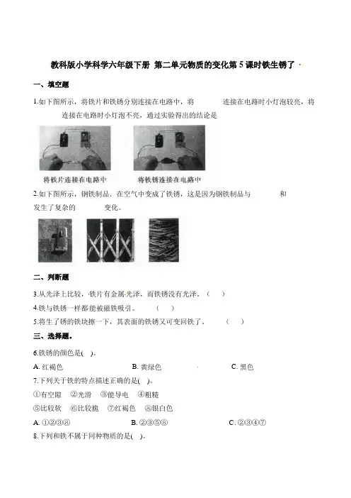 六年级下册科学一课一练-第二单元物质的变化第5课时铁生锈了∣教科版含解析