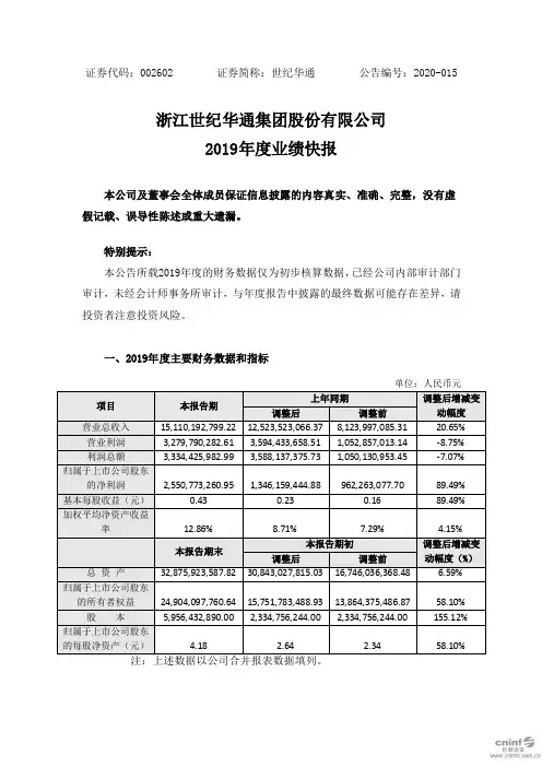 世纪华通：2019年度业绩快报
