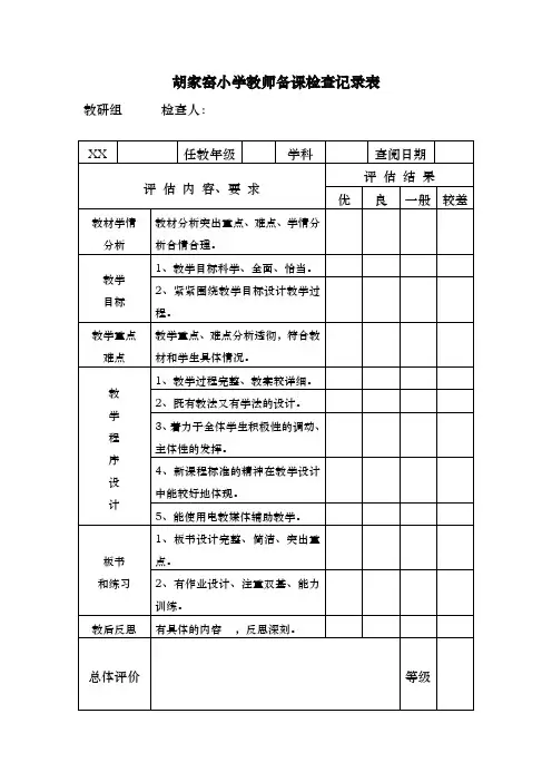 教师备课检查记录表