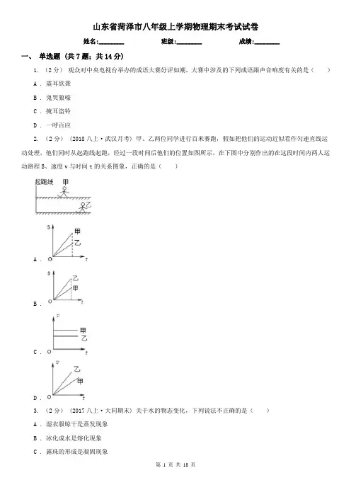 山东省菏泽市八年级上学期物理期末考试试卷