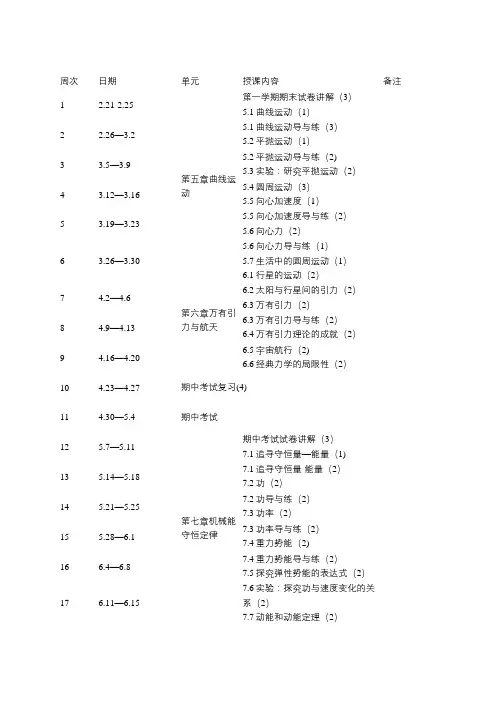 高一物理下学期教学进度安排