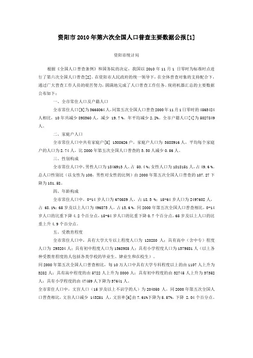 2318-四川省资阳市2010年第六次全国人口普查主要数据公报