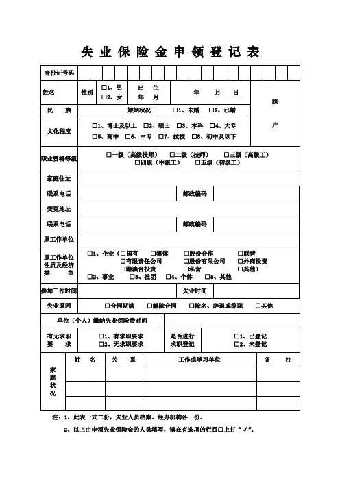 失业保险金申领登记表