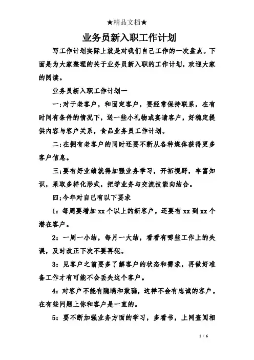 业务员新入职工作计划