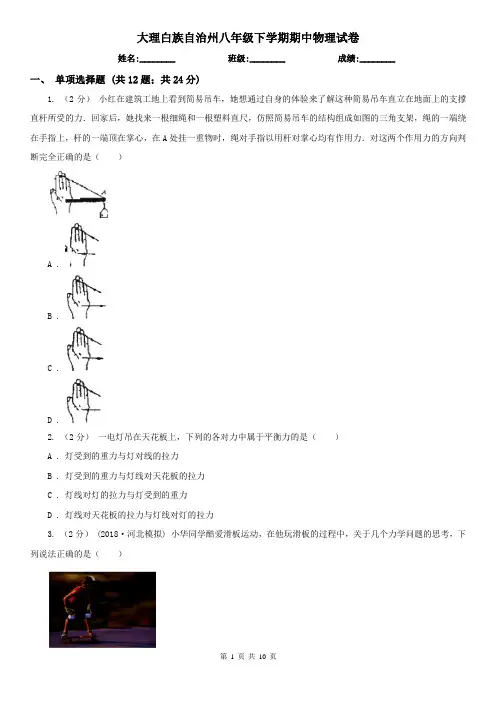 大理白族自治州八年级下学期期中物理试卷