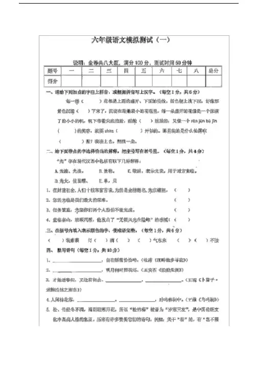 (完整版)天河省实20xx小升初语文试题.doc
