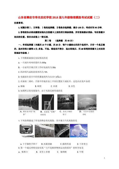 山东省潍坊市寿光世纪学校2018届九年级物理模拟考试试题(二)
