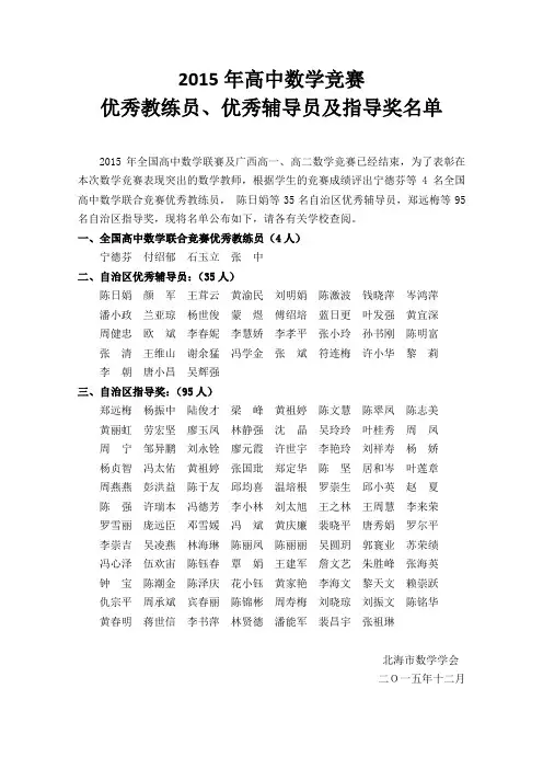 2015年高中数学竞赛优秀辅导员及指导奖名单公布